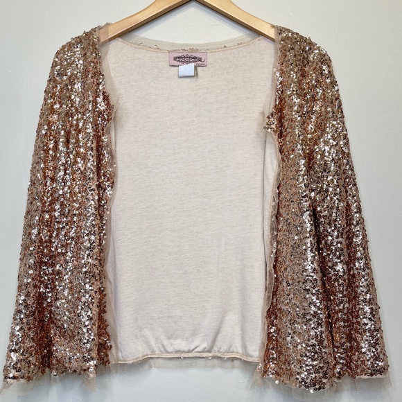Oliver | Gold Jewel Tone Sequin Embellished Shrug Boxy Cropped Glam Cardigan - Picture 3 of 16